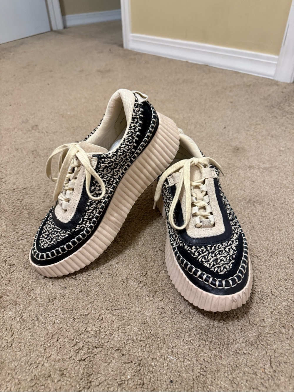 Dolce Vita Cream and Black Platform Knit Lace-Up Sneakers